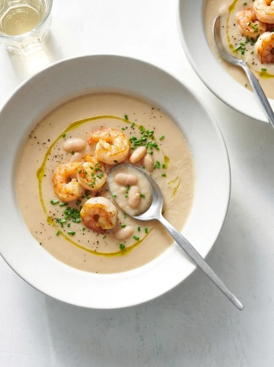 Gordon Ramsay white bean soup mid meal with prawns and haricot beans