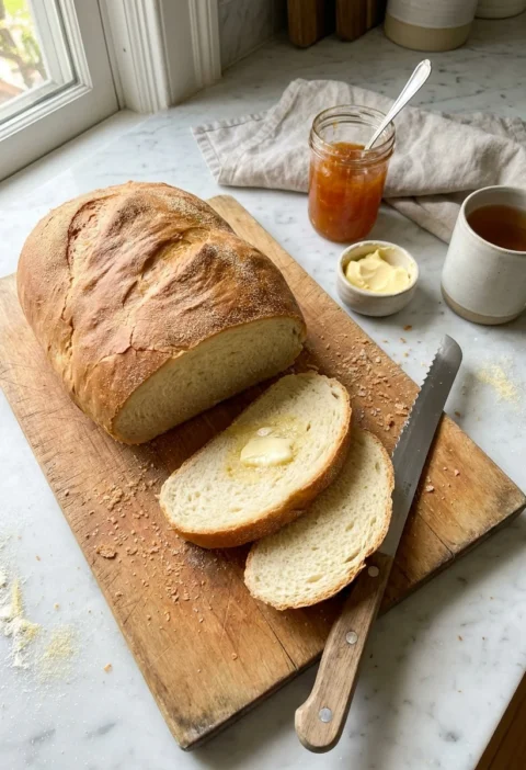 Gordon Ramsay white bread Pain de Mie loaf sliced on a wooden board with butter and jam