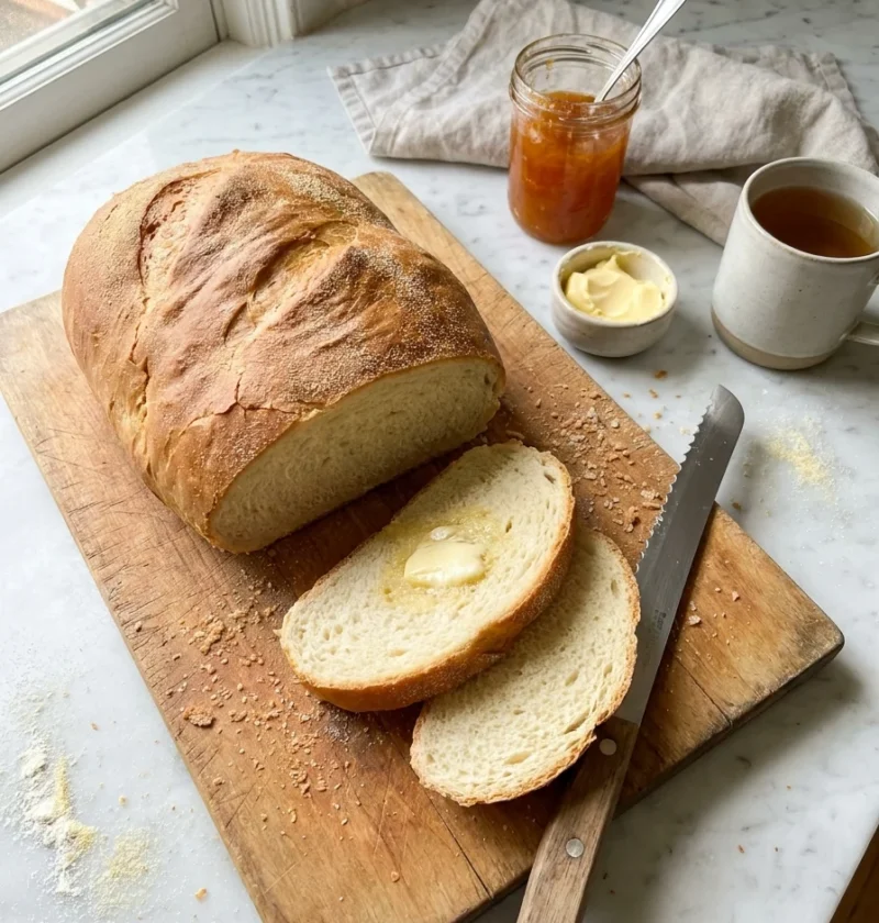 Gordon Ramsay white bread Pain de Mie loaf sliced on a wooden board with butter and jam
