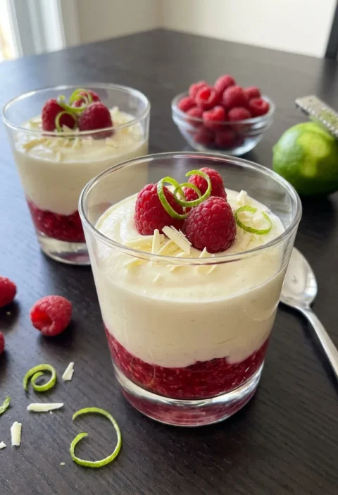 Gordon Ramsay white chocolate mousse with raspberries and lime zest in glasses
