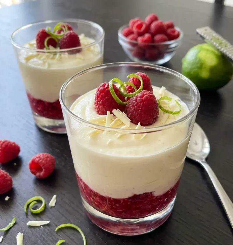 Gordon Ramsay white chocolate mousse with raspberries and lime zest in glasses