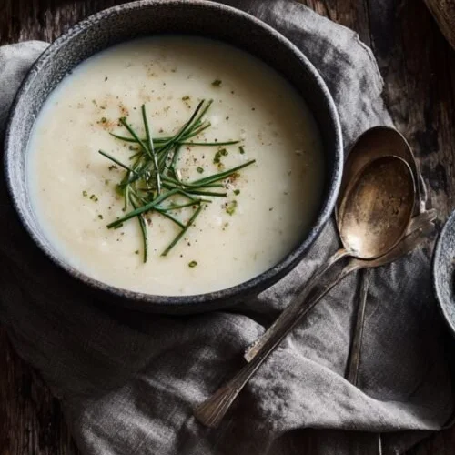 Close-up of creamy white onion soup with chive garnish in a grey stoneware bowl