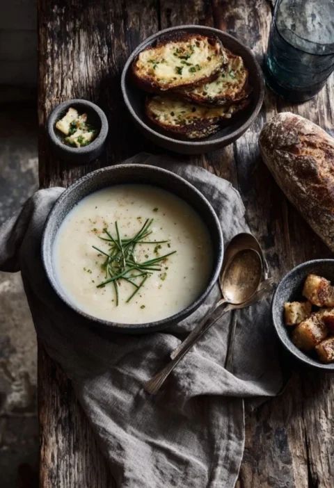 Overhead shot of Gordon Ramsay white onion soup in a grey bowl with chives, cheesy toasts and crusty bread on a rustic wood table