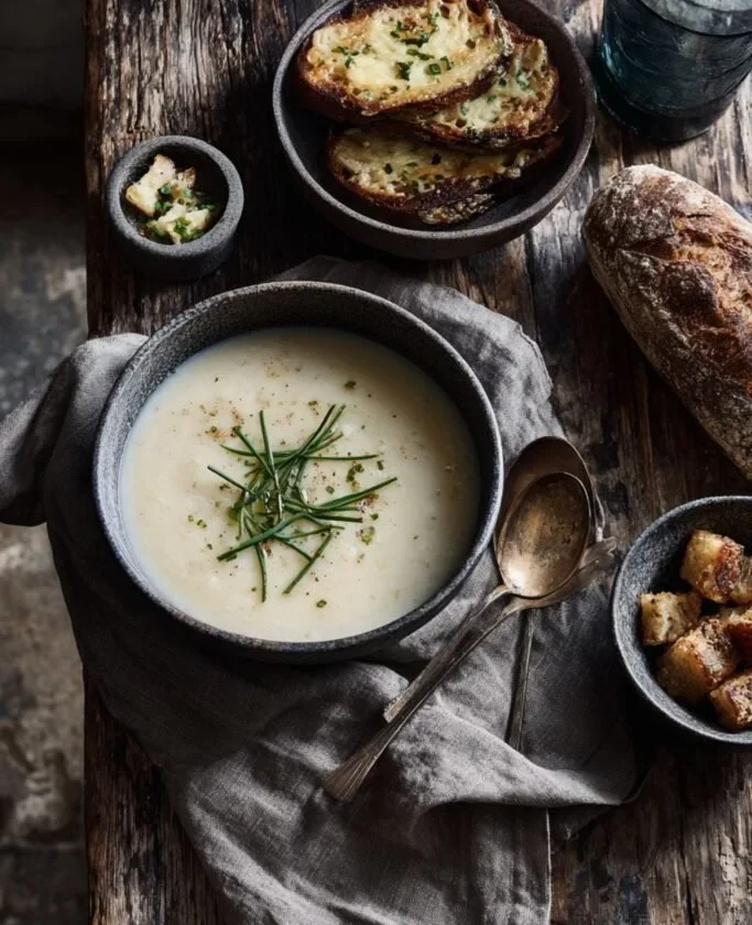 Overhead shot of Gordon Ramsay white onion soup in a grey bowl with chives, cheesy toasts and crusty bread on a rustic wood table