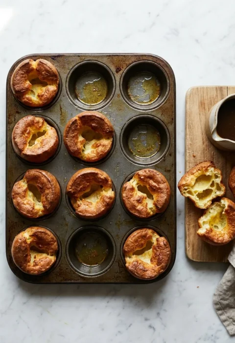 Gordon Ramsay Yorkshire puddings in a 12-hole tray golden brown and well risen with hollow centres and a torn pudding on a board showing the soft interior with beef gravy