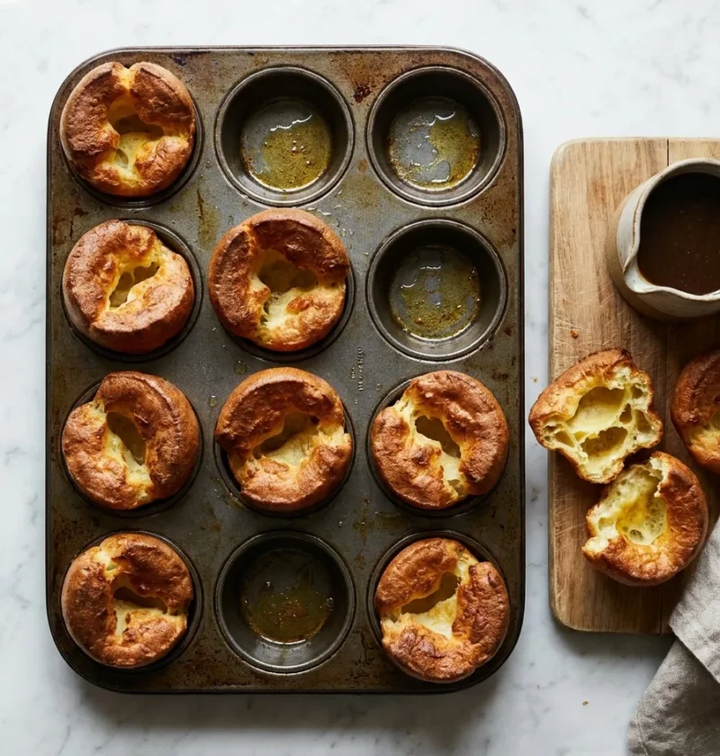 Gordon Ramsay Yorkshire puddings in a 12-hole tray golden brown and well risen with hollow centres and a torn pudding on a board showing the soft interior with beef gravy
