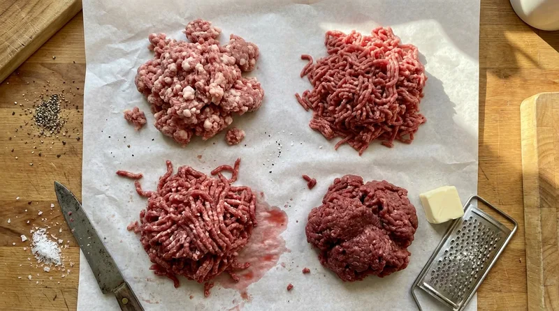 Four burger meat blends compared side by side on butcher paper: fatty BSK-style mix, standard mince, coarse butcher grind, and lean mince with frozen butter and grater