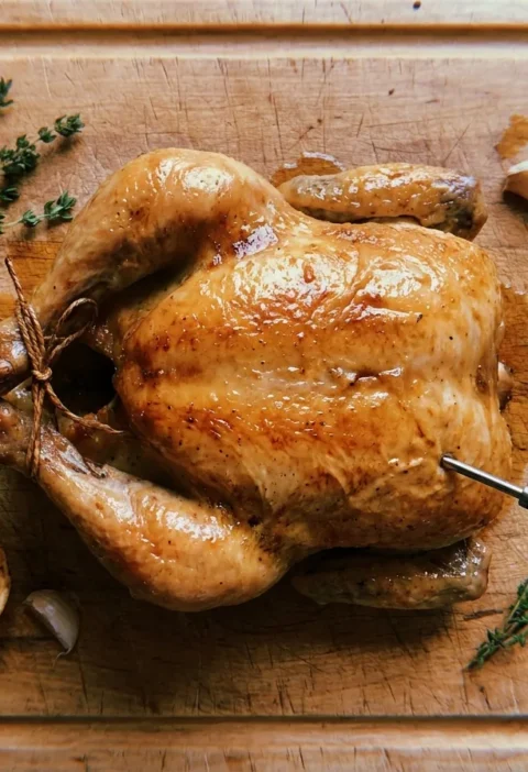 Whole roast chicken on a board with a meat thermometer in the thigh, chicken cooking times and temperatures