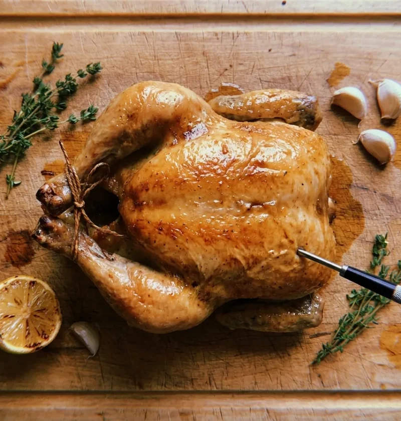 Whole roast chicken on a board with a meat thermometer in the thigh, chicken cooking times and temperatures