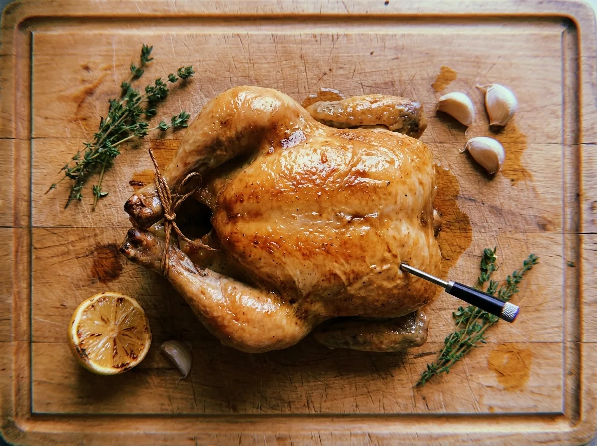 Whole roast chicken on a board with a meat thermometer in the thigh, chicken cooking times and temperatures