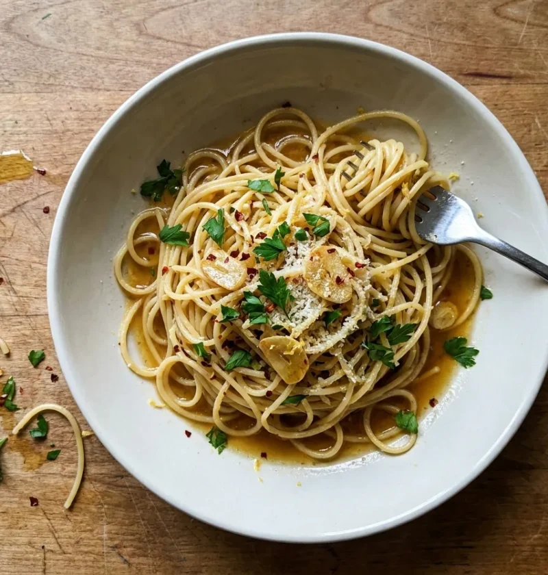 Gordon Ramsay aglio olio, spaghetti tossed with golden sliced garlic, chilli flakes, parsley and a glossy garlic oil sauce in a bowl