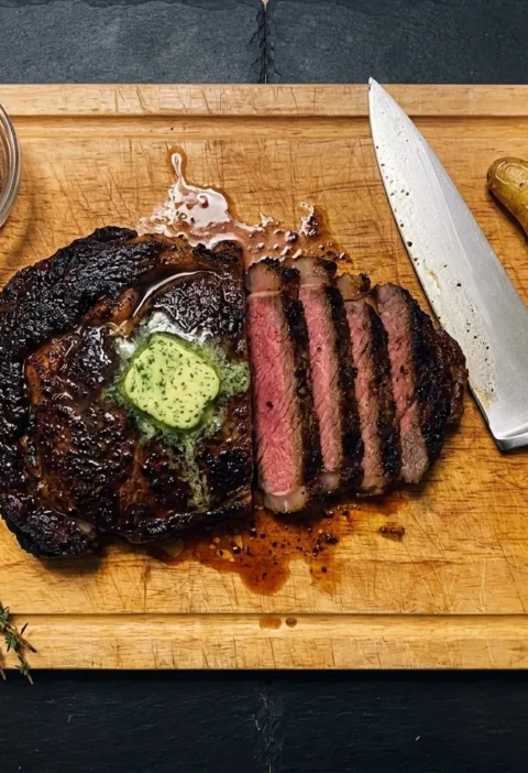 Gordon Ramsay air fryer steak with coffee chilli rub sliced showing pink medium-rare interior and herb butter