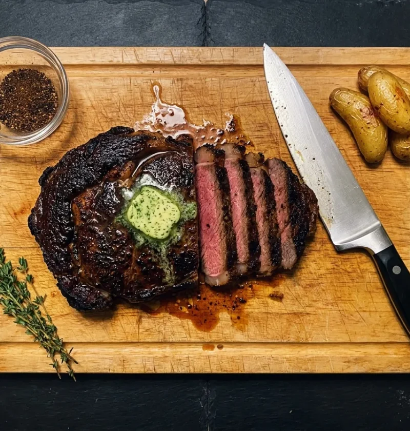 Gordon Ramsay air fryer steak with coffee chilli rub sliced showing pink medium-rare interior and herb butter