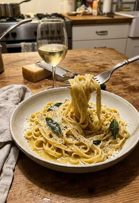 Homemade fettuccine alfredo with brown butter sauce Parmesan sage and cracked pepper in a shallow bowl