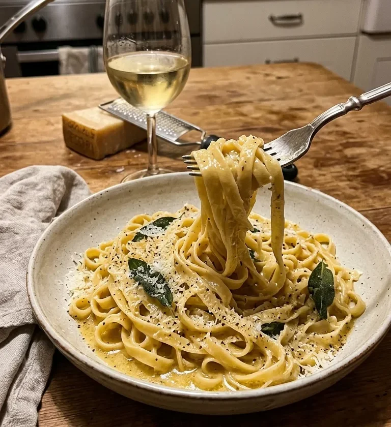 Homemade fettuccine alfredo with brown butter sauce Parmesan sage and cracked pepper in a shallow bowl