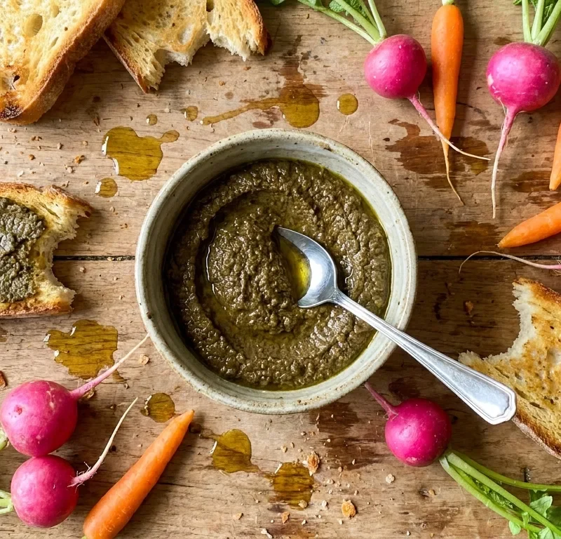 Gordon Ramsay anchovy dip with black olives in a ceramic bowl surrounded by toasted ciabatta radishes and baby carrots on a wood table