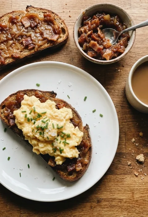 Gordon Ramsay bacon jam on sourdough toast with soft scrambled eggs and chives