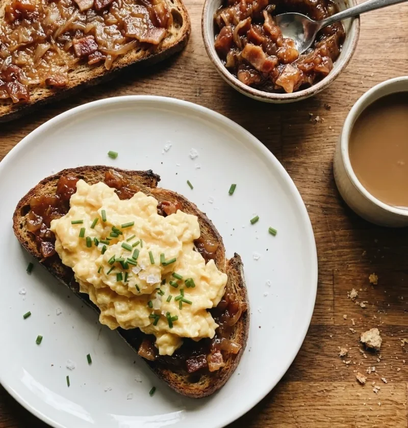 Gordon Ramsay bacon jam on sourdough toast with soft scrambled eggs and chives