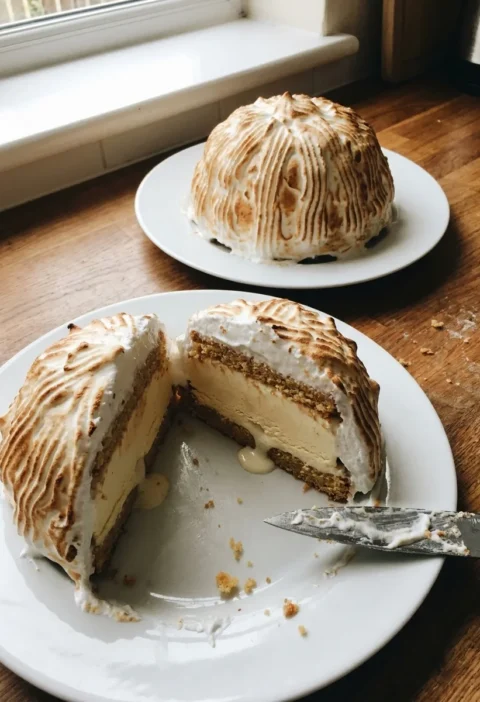 Gordon Ramsay baked alaska cut open showing layers of sponge ice cream and torched Italian meringue