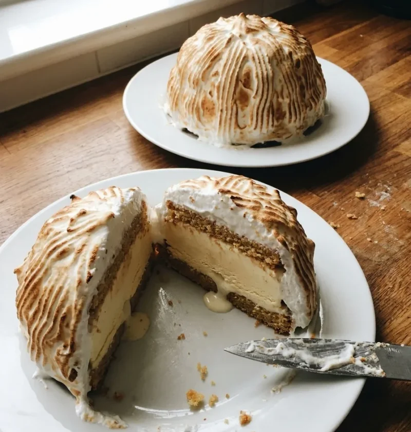 Gordon Ramsay baked alaska cut open showing layers of sponge ice cream and torched Italian meringue
