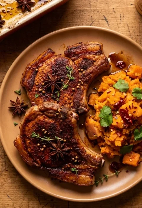 Gordon Ramsay spiced baked pork chops with crushed sweet potatoes and star anise