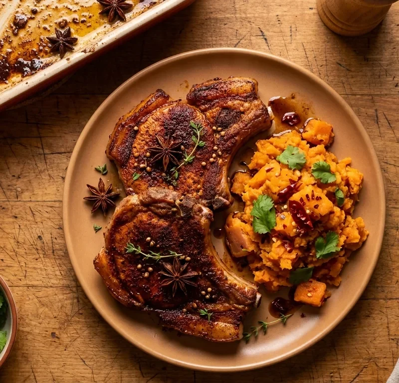 Gordon Ramsay spiced baked pork chops with crushed sweet potatoes and star anise