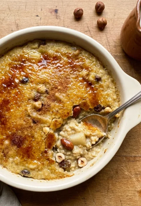 Gordon Ramsay baked porridge with caramelised demerara crust pear hazelnuts almonds in ceramic dish