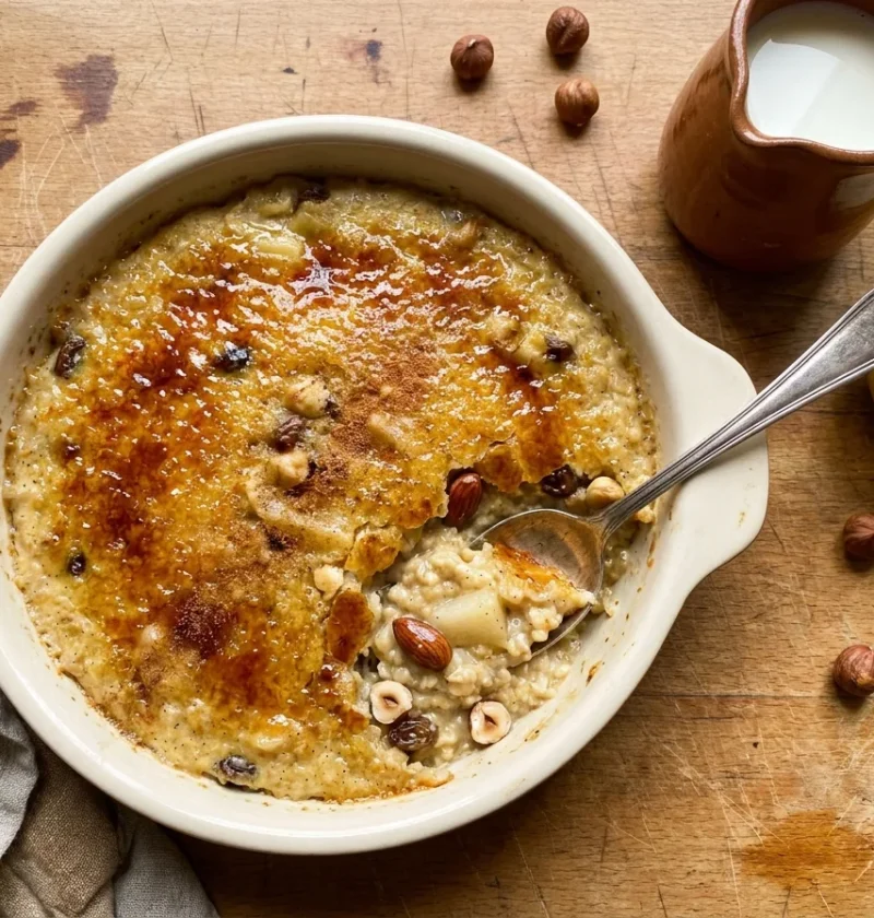 Gordon Ramsay baked porridge with caramelised demerara crust pear hazelnuts almonds in ceramic dish