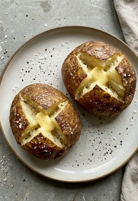 Gordon Ramsay baked potato, two crispy jacket potatoes split open with fluffy insides and melting butter