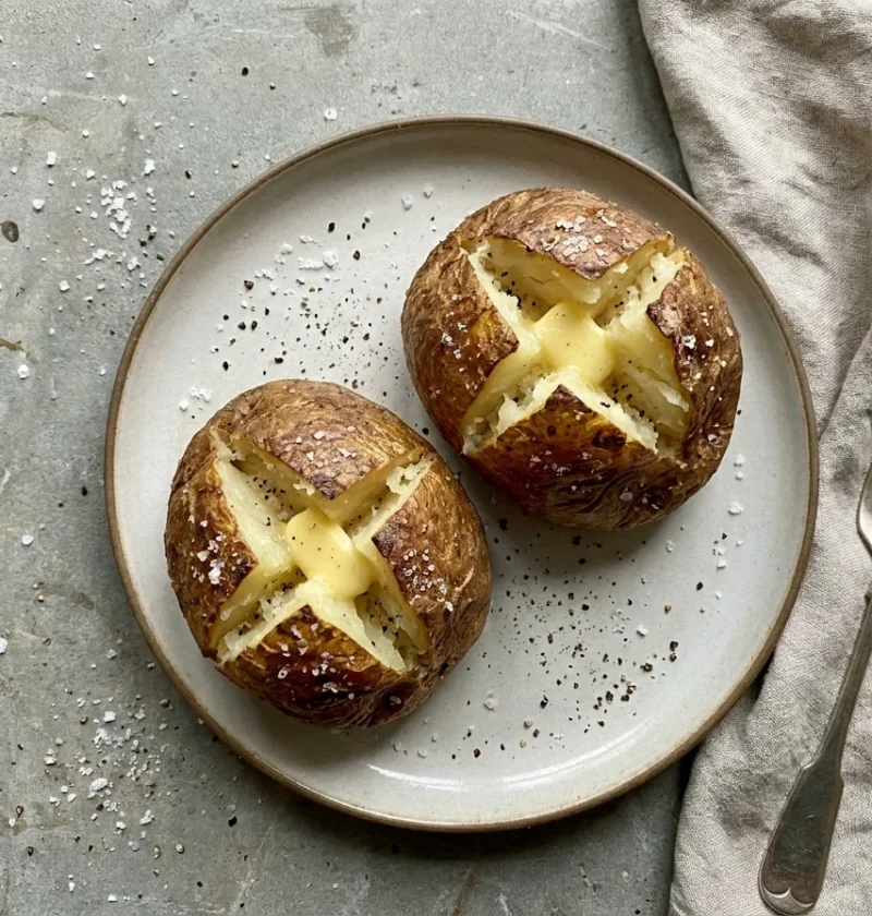 Gordon Ramsay baked potato, two crispy jacket potatoes split open with fluffy insides and melting butter