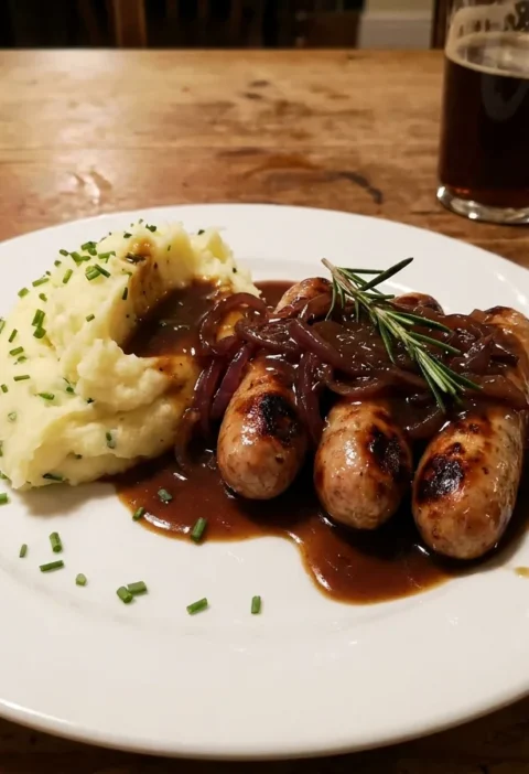 Gordon Ramsay bangers and mash with golden sausages chive mash and dark onion gravy