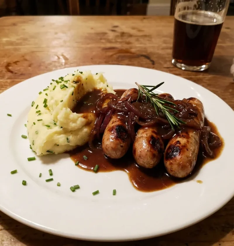 Gordon Ramsay bangers and mash with golden sausages chive mash and dark onion gravy