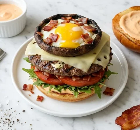 Gordon Ramsay BBQ celebration burger with grilled patty, Swiss cheese, fried egg inside a portobello mushroom, crispy bacon and rocket on brioche with sriracha mayo