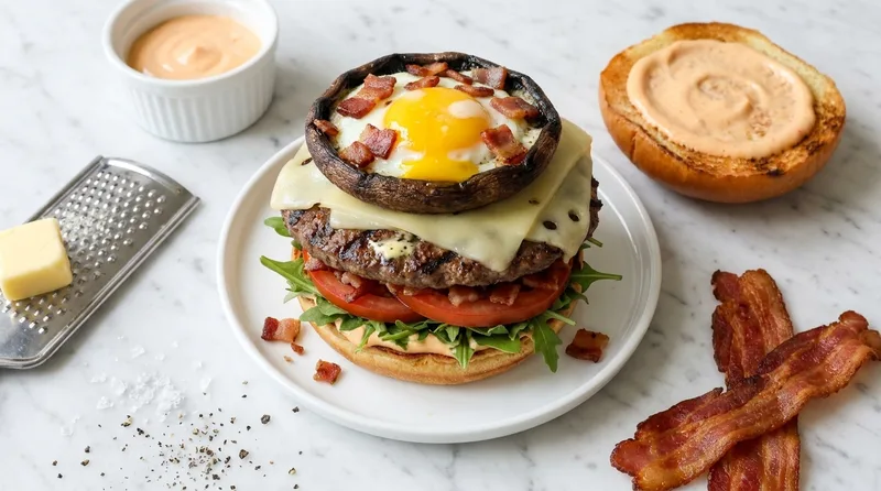 Gordon Ramsay BBQ celebration burger with grilled patty, Swiss cheese, fried egg inside a portobello mushroom, crispy bacon and rocket on brioche with sriracha mayo