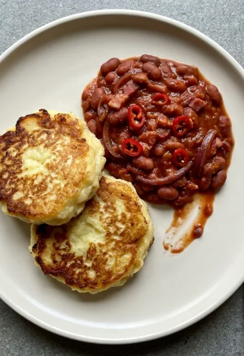 Gordon Ramsay beans and potato cakes, golden fried potato cakes with a spoon of homemade spicy baked beans