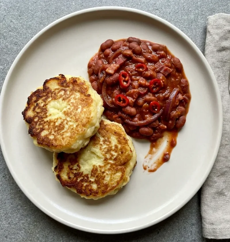 Gordon Ramsay beans and potato cakes, golden fried potato cakes with a spoon of homemade spicy baked beans
