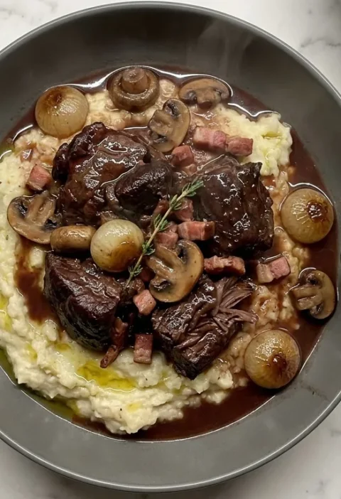 Gordon Ramsay beef bourguignon with shin beef, pearl onions, mushrooms and bacon over celeriac mash