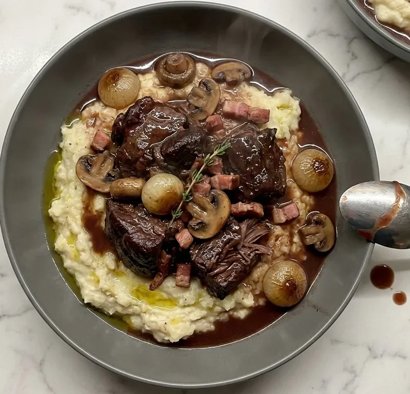 Gordon Ramsay beef bourguignon with shin beef, pearl onions, mushrooms and bacon over celeriac mash