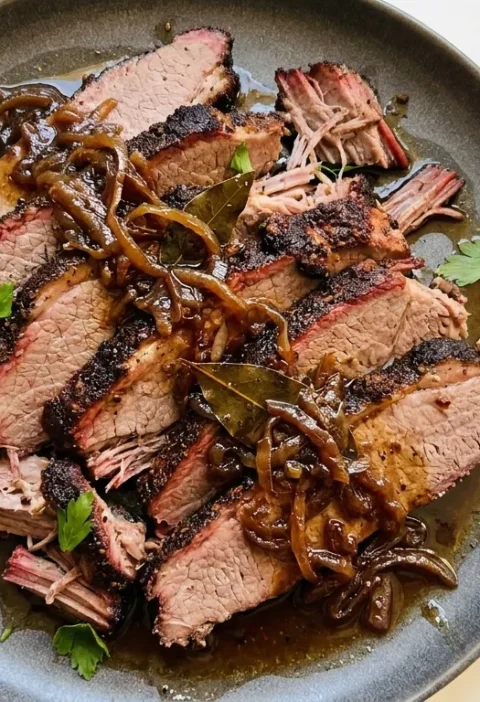 Sliced Gordon Ramsay beef brisket with dark spice bark and sticky lager sauce with caramelised onions