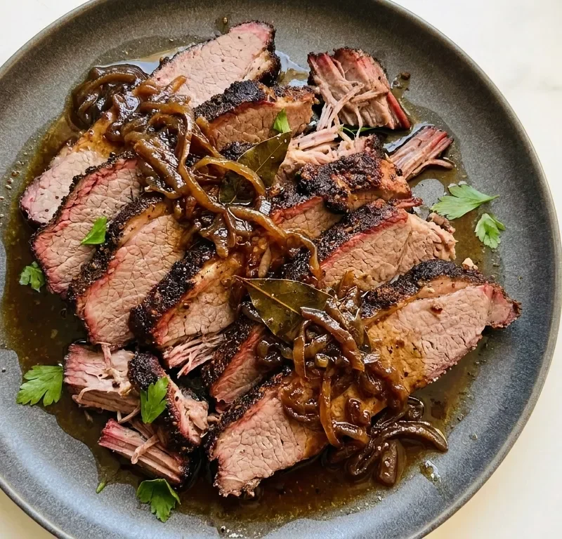 Sliced Gordon Ramsay beef brisket with dark spice bark and sticky lager sauce with caramelised onions