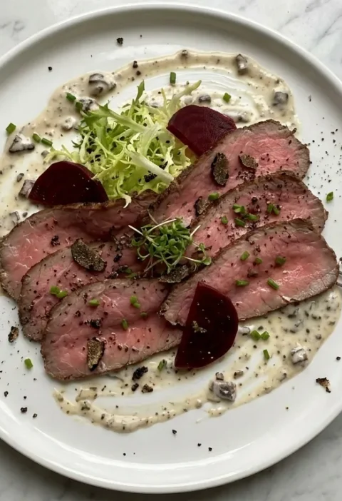 Gordon Ramsay beef carpaccio thin roast rib eye slices with seared edge over truffle mushroom dressing with frisee, beetroot and cress