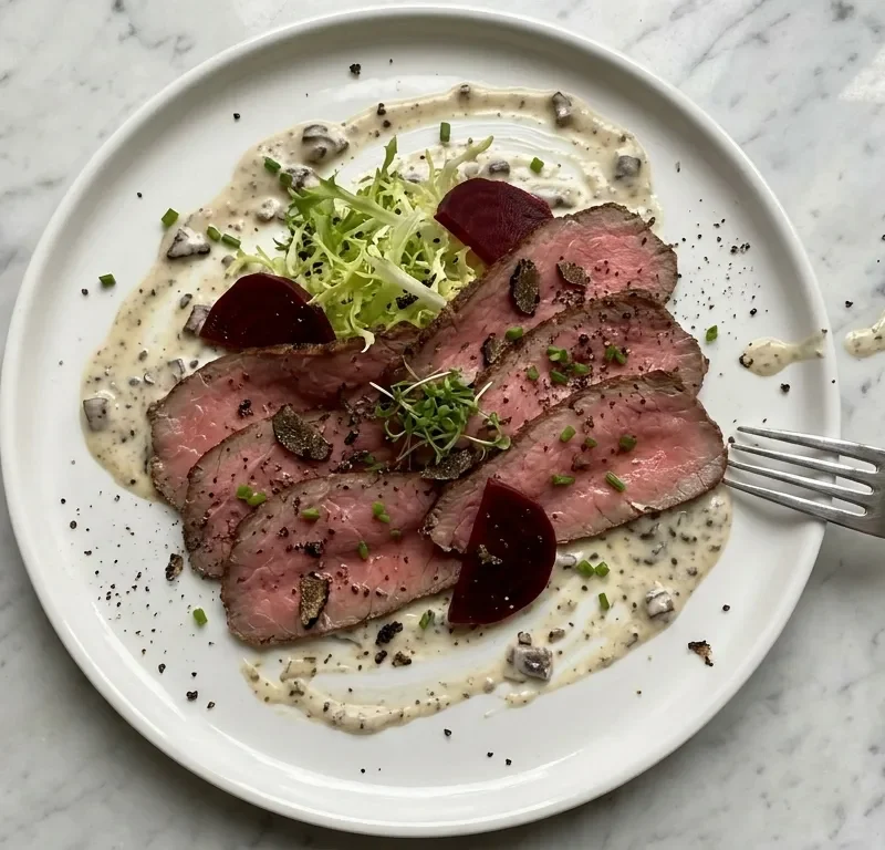 Gordon Ramsay beef carpaccio thin roast rib eye slices with seared edge over truffle mushroom dressing with frisee, beetroot and cress