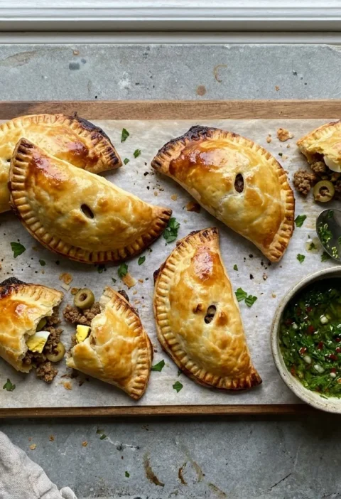 Gordon Ramsay beef empanadas, golden baked puff pastry half-moons with spiced beef and olive filling, with a bowl of chimichurri