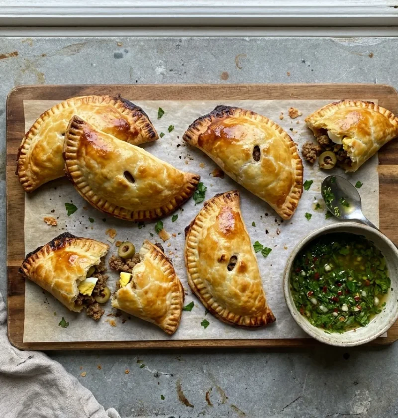 Gordon Ramsay beef empanadas, golden baked puff pastry half-moons with spiced beef and olive filling, with a bowl of chimichurri