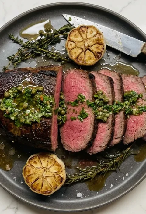 Gordon Ramsay beef fillet roast tenderloin carved rare with salsa verde, roasted garlic heads and herbs
