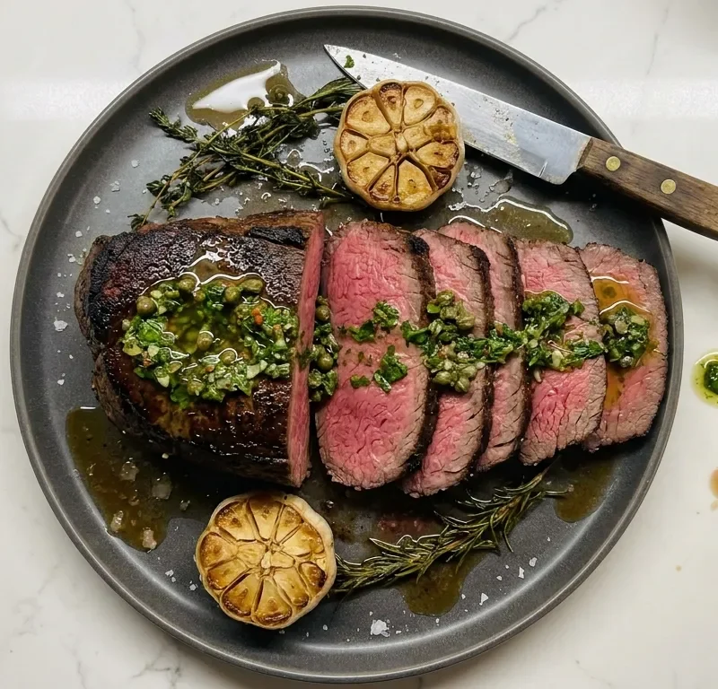 Gordon Ramsay beef fillet roast tenderloin carved rare with salsa verde, roasted garlic heads and herbs
