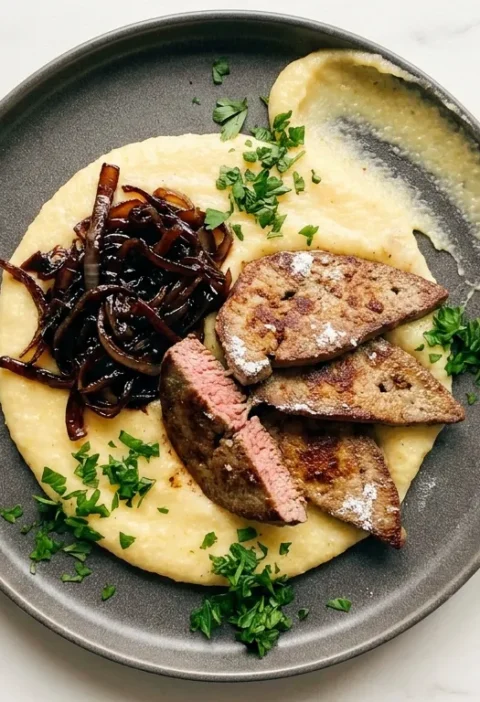 Gordon Ramsay calves liver with caramelised onions and lemon polenta on a dark grey plate