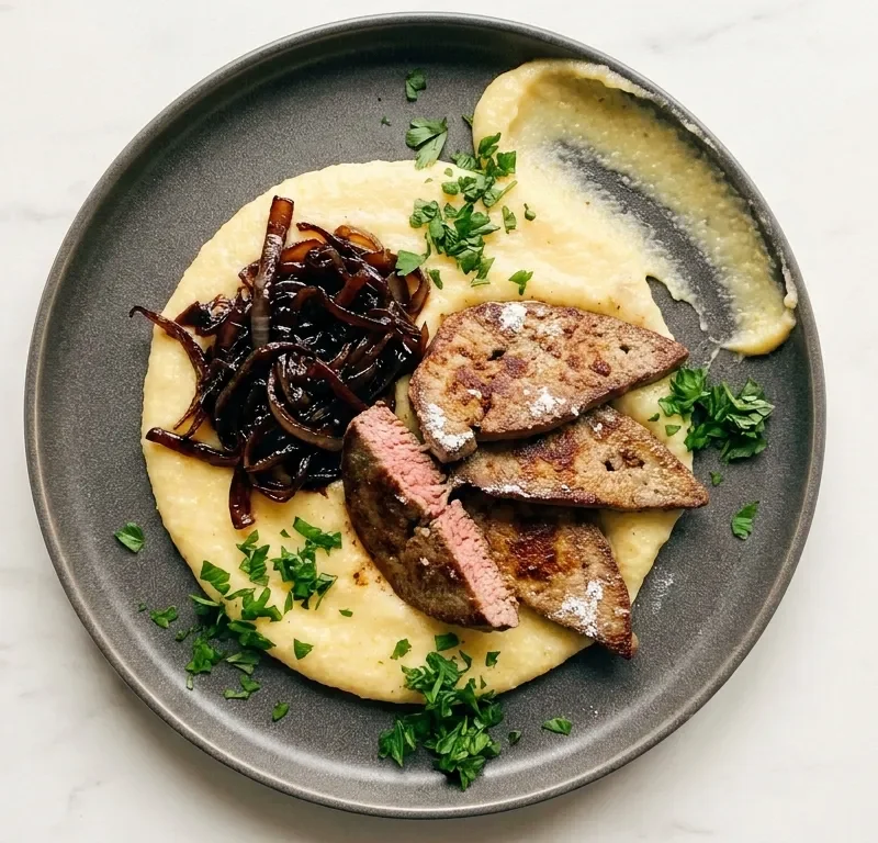 Gordon Ramsay calves liver with caramelised onions and lemon polenta on a dark grey plate