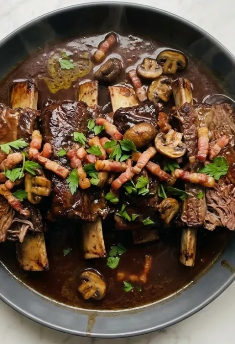 Gordon Ramsay beef short ribs slow cooked in red wine topped with crispy pancetta, chestnut mushrooms and parsley