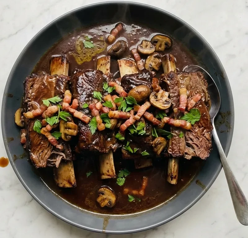 Gordon Ramsay beef short ribs slow cooked in red wine topped with crispy pancetta, chestnut mushrooms and parsley
